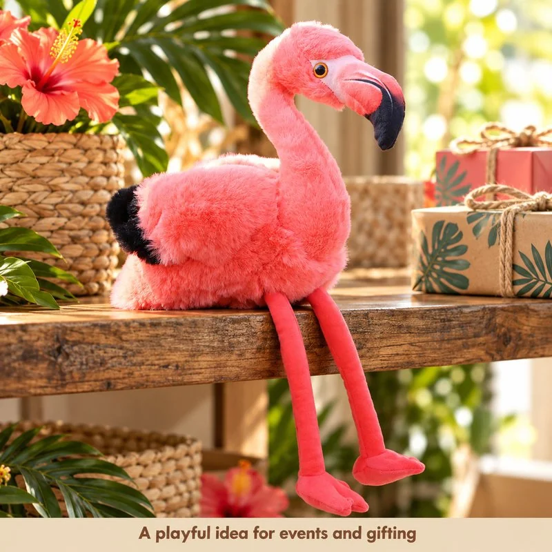 Illustrative application scene featuring long leg pink flamingo plush; setting is a concept.