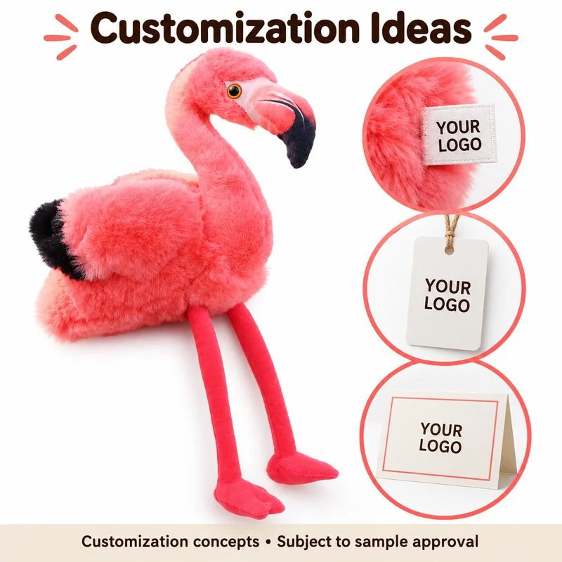 Customization concept for long leg pink flamingo plush; feasibility and sample approval required.