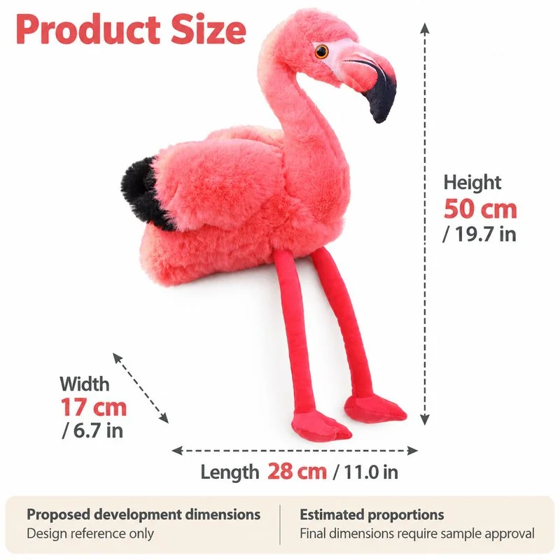 Long Leg Pink Flamingo Plush — proposed dimensions — confirm with sample