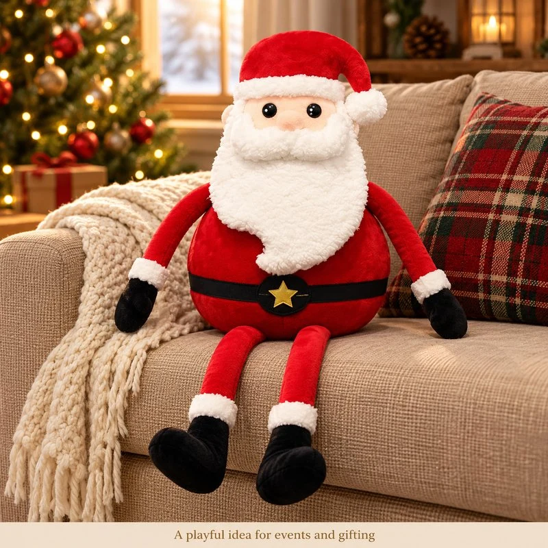 Illustrative application scene featuring long leg white beard santa plush; setting is a concept.