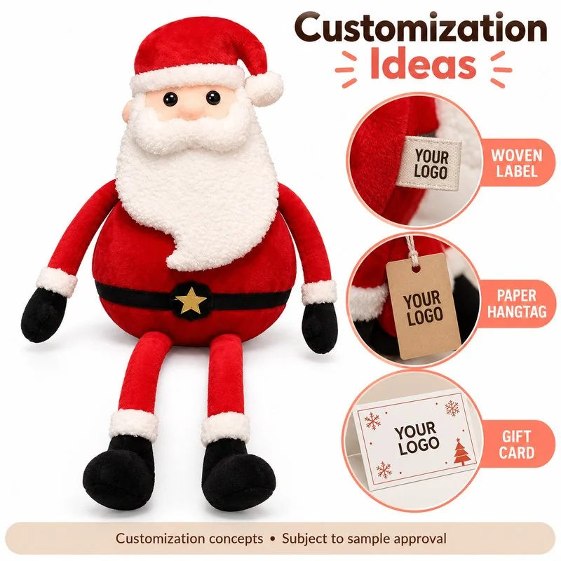 Customer-logo placement concept for long leg white beard santa plush; proposed label or hangtag options require sample approval.