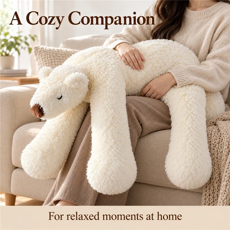 Illustrative application scene featuring long limb polar bear plush; setting is a concept.