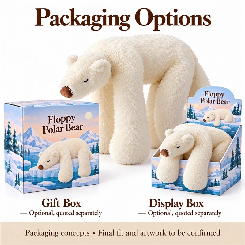 Long Limb Polar Bear Plush — optional packaging concept; final artwork, fit and quotation require confirmation.
