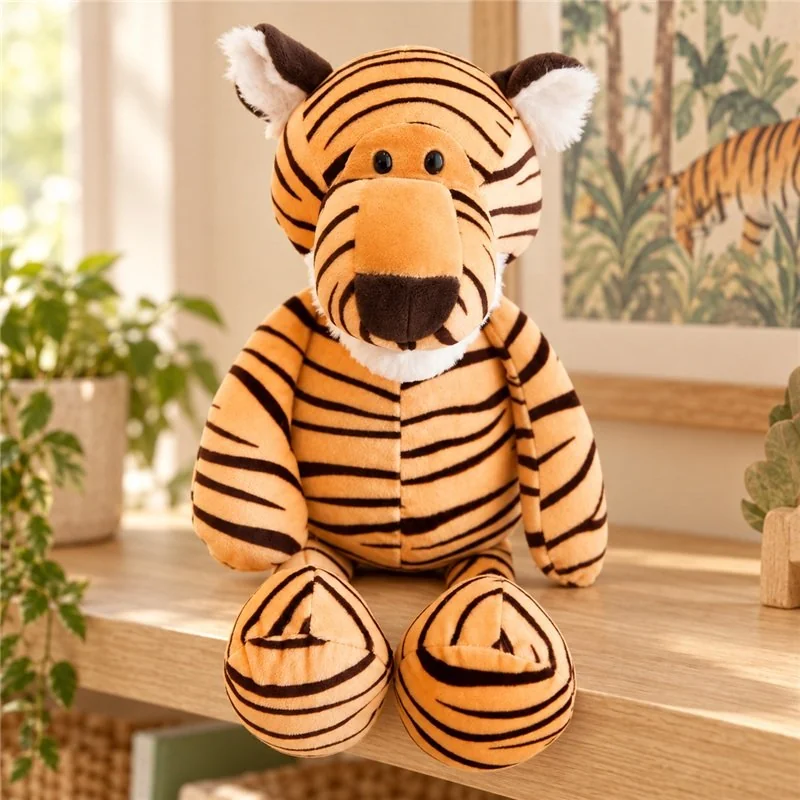 Illustrative application scene featuring long muzzle striped tiger plush; setting is a concept.