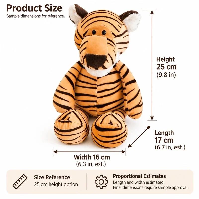 Long Muzzle Striped Tiger Plush — proposed size reference; dimensions require sample confirmation.