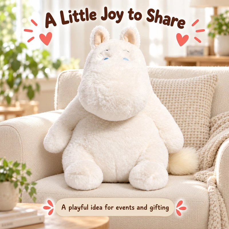 Illustrative application scene featuring long muzzle white hippopotamus stuffed animal; setting is a concept.