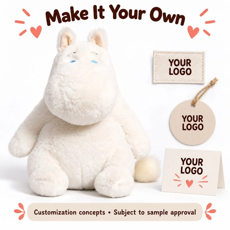 Customization concept for long muzzle white hippopotamus stuffed animal; feasibility and sample approval required.