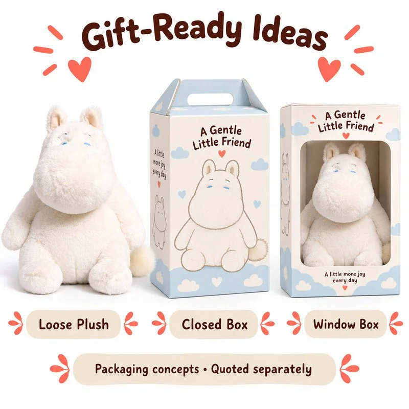 Long Muzzle White Hippopotamus Stuffed Animal — optional packaging concept; final artwork, fit and quotation require confirmation.