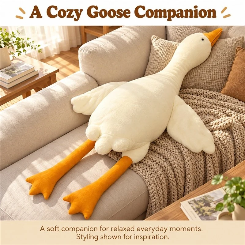 Illustrative application scene featuring long neck goose plush; setting is a concept.