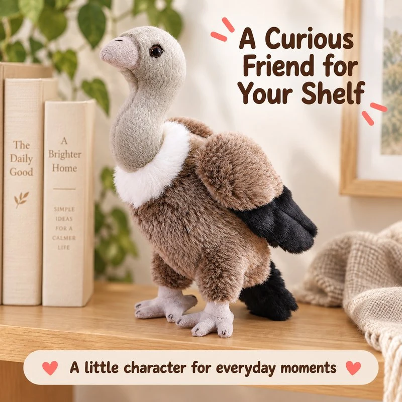 Illustrative application scene featuring long neck vulture plush toy; setting is a concept.