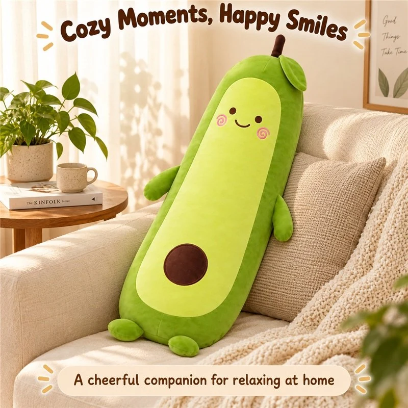 Illustrative application scene featuring long avocado body pillow; setting is a concept.