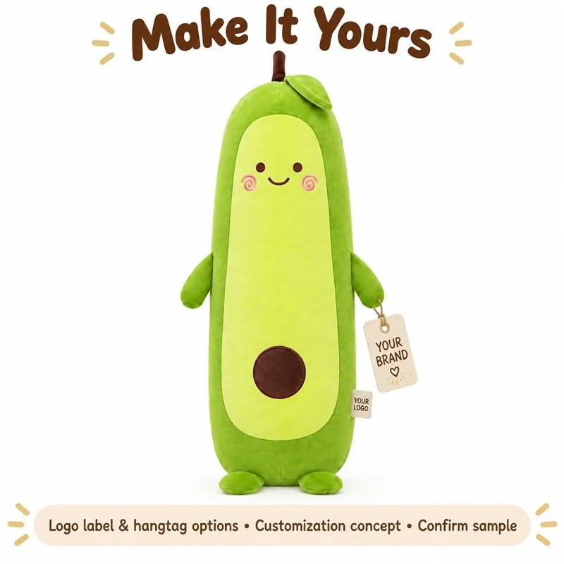 Customization concept for long avocado body pillow; feasibility and sample approval required.