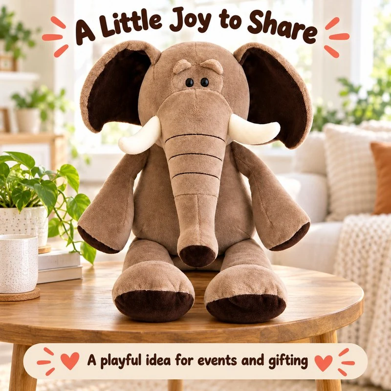 Illustrative application scene featuring long trunk brown elephant plush; setting is a concept.