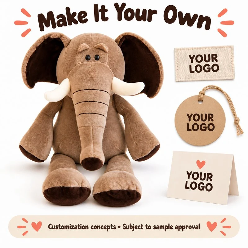 Customization concept for long trunk brown elephant plush; feasibility and sample approval required.