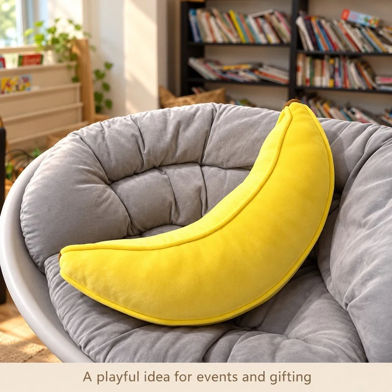 Illustrative application scene featuring plain long yellow banana plush pillow; setting is a concept.