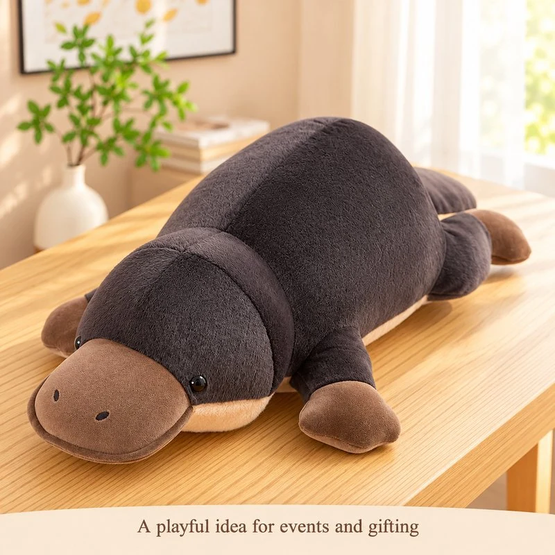 Illustrative application scene featuring lying platypus plush pillow; setting is a concept.