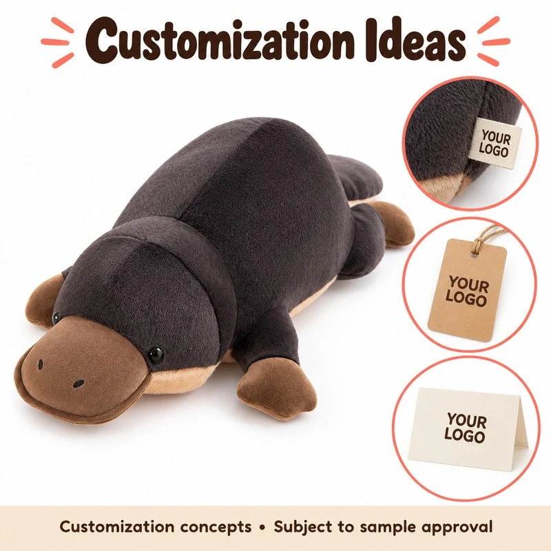Customization concept for lying platypus plush pillow; feasibility and sample approval required.