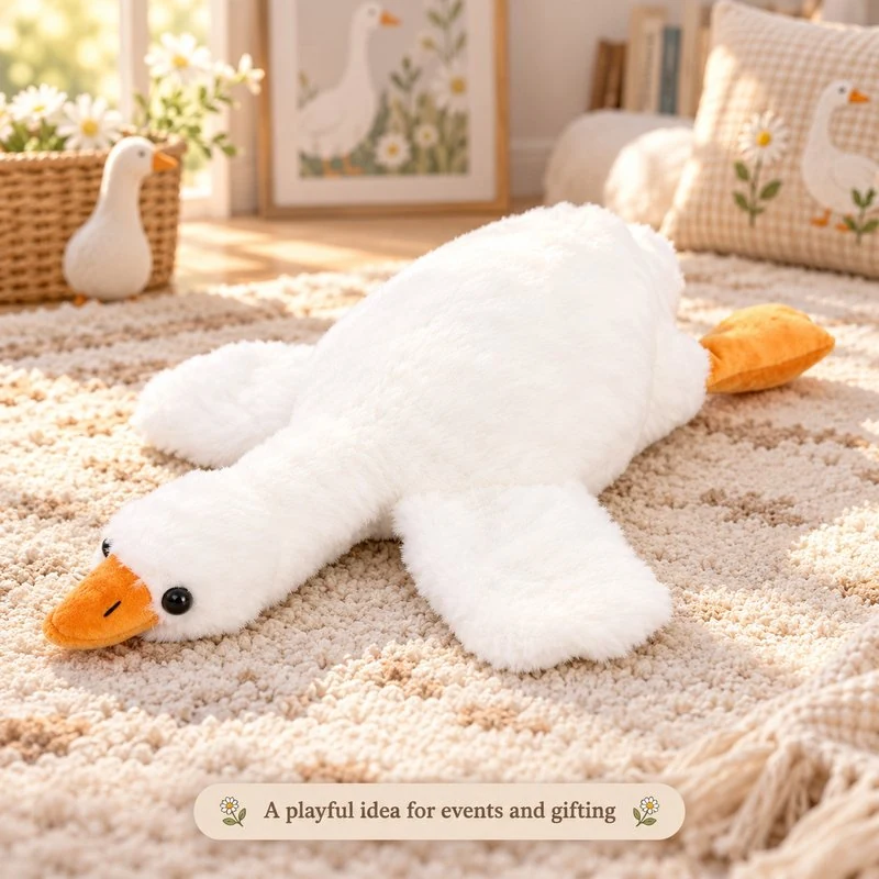 Illustrative application scene featuring lying white goose plush; setting is a concept.