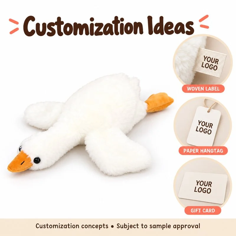 Customer-logo placement concept for lying white goose plush; proposed label or hangtag options require sample approval.