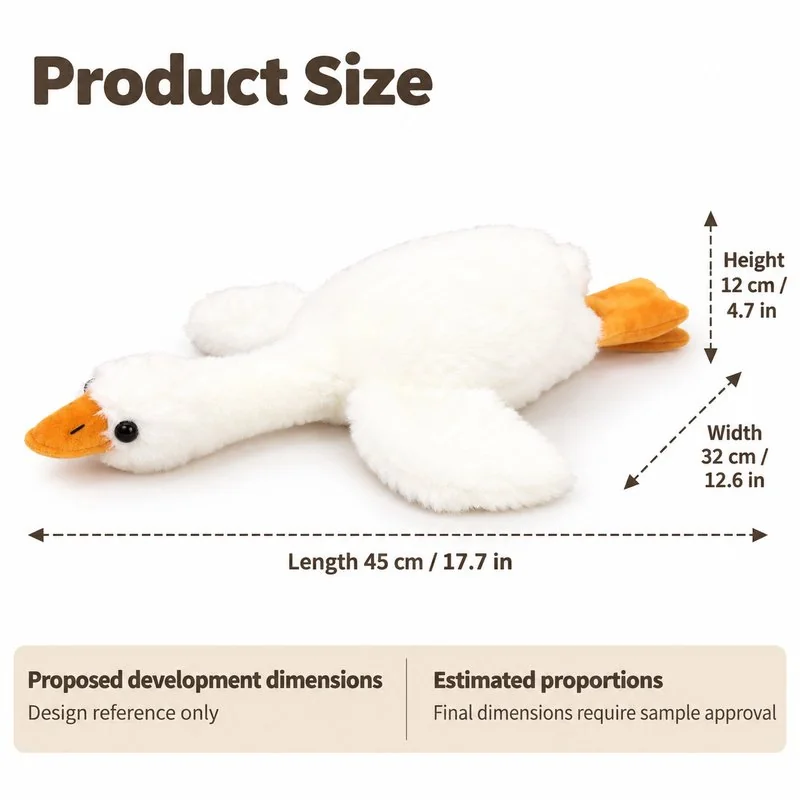Lying White Goose Plush — proposed dimensions — confirm with sample