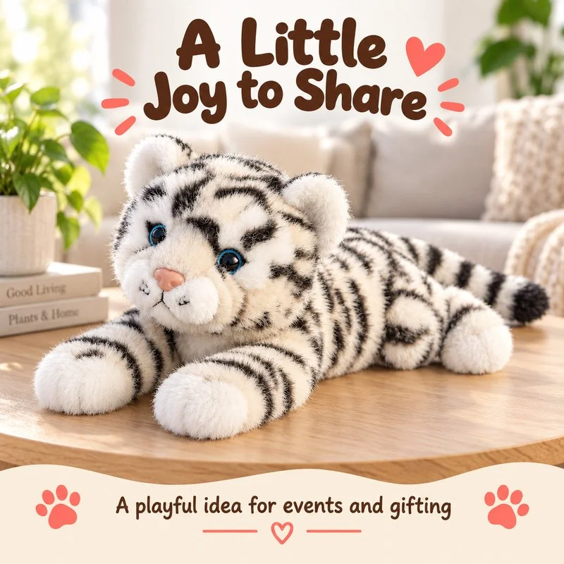 Illustrative application scene featuring lying white tiger plush; setting is a concept.