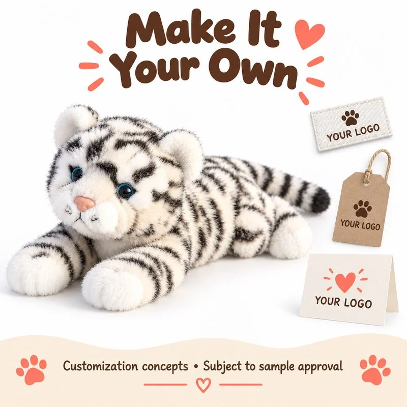 Customization concept for lying white tiger plush; feasibility and sample approval required.