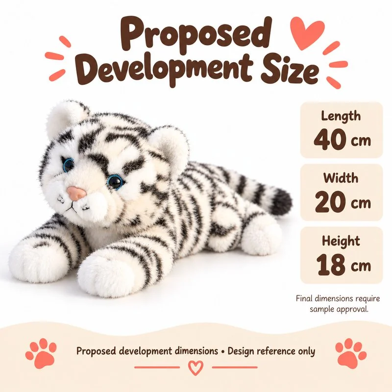 Lying White Tiger Plush — proposed size reference; dimensions require sample confirmation.