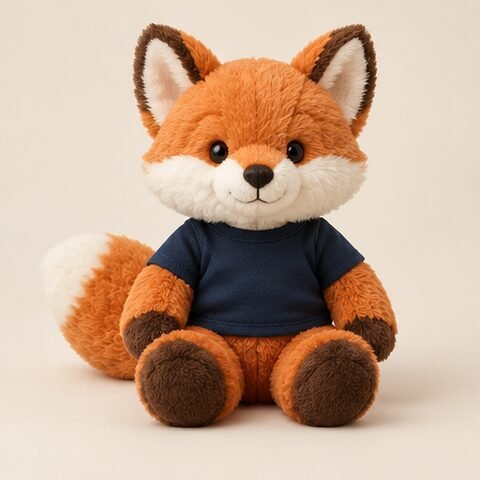 Concept fox mascot plush wearing a plain navy T-shirt