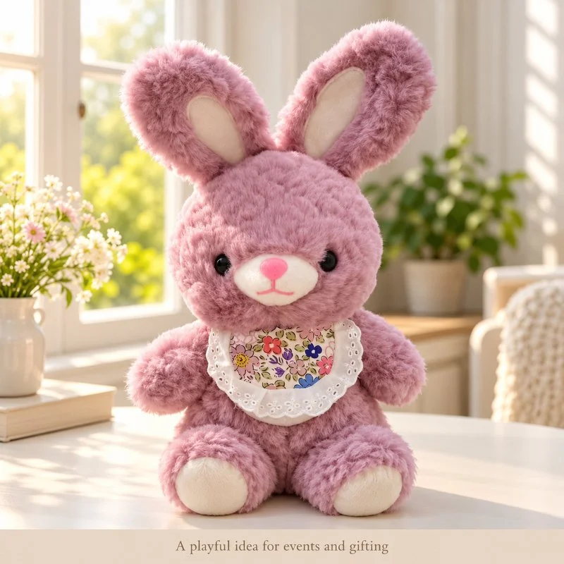 Illustrative application scene featuring mauve floral bib rabbit plush; setting is a concept.