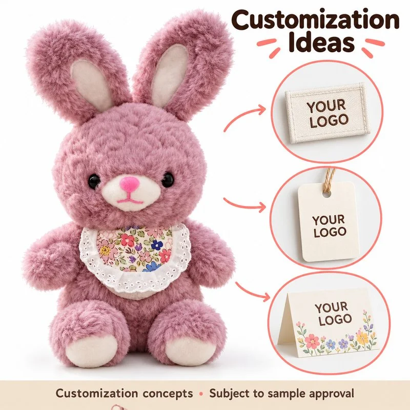 Customization concept for mauve floral bib rabbit plush; feasibility and sample approval required.