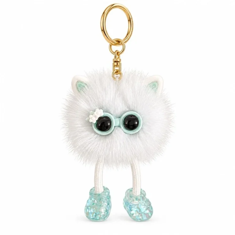Mint Glasses White Pompom Keychain