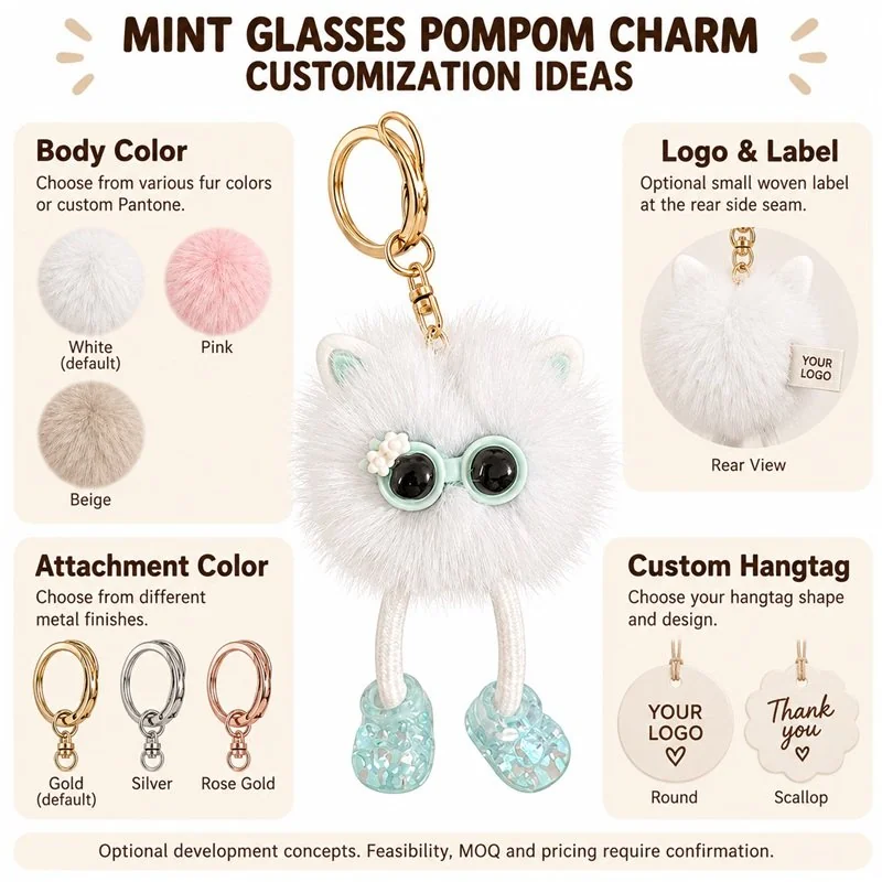 Private-label concept for mint glasses white pompom keychain, showing proposed brand label and hangtag options; sample approval required.