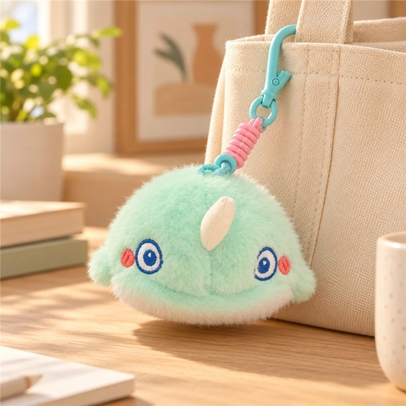 Illustrative application scene featuring mint narwhal plush keychain; setting is a concept.