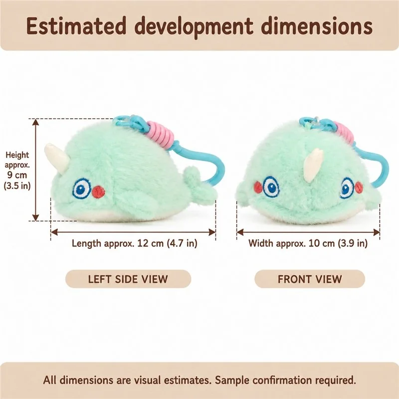 Mint Narwhal Plush Keychain — proposed size reference; dimensions require sample confirmation.