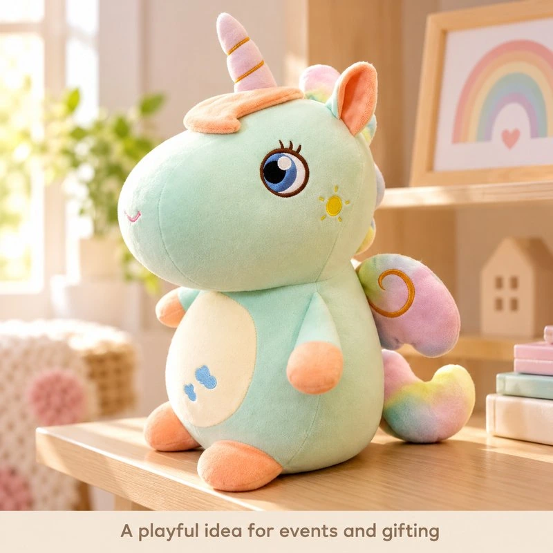 Illustrative application scene featuring mint rainbow wing unicorn plush; setting is a concept.