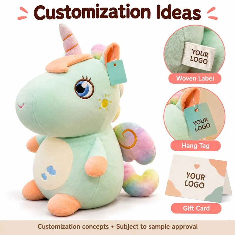 Customization concept for mint rainbow wing unicorn plush; feasibility and sample approval required.