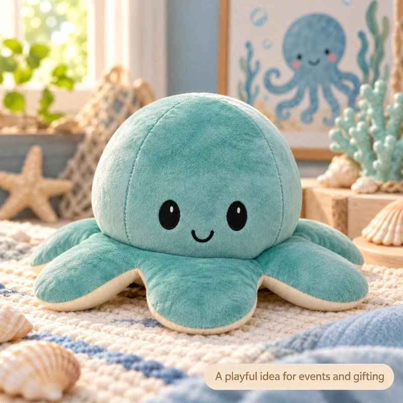 Illustrative application scene featuring mint smiling octopus plush; setting is a concept.