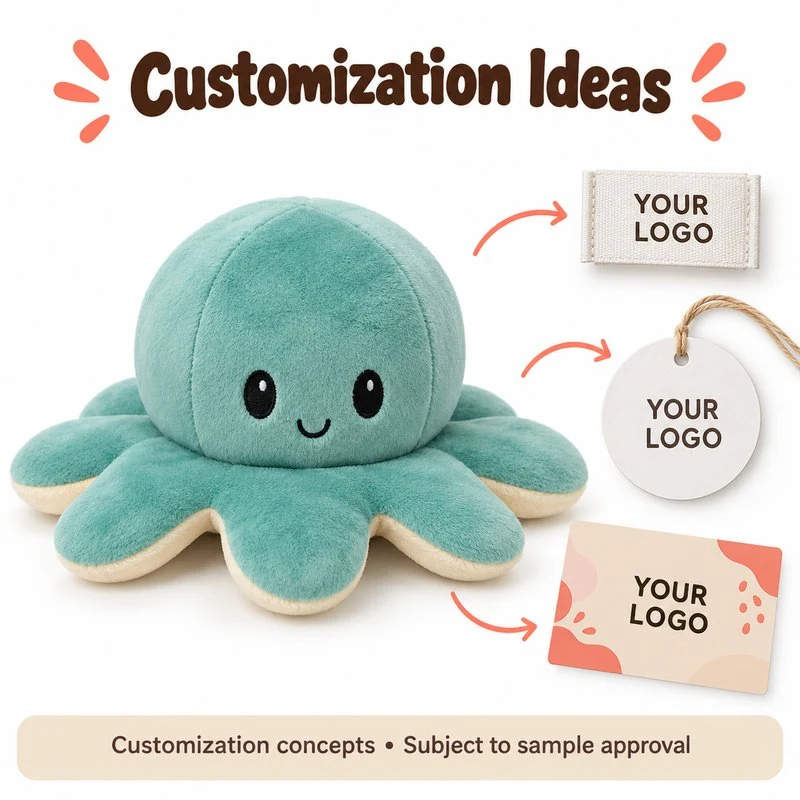 Customization concept for mint smiling octopus plush; feasibility and sample approval required.