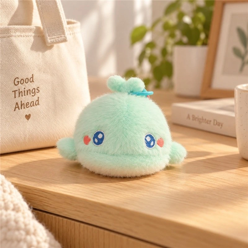 Illustrative application scene featuring mint spouting whale plush keychain; setting is a concept.