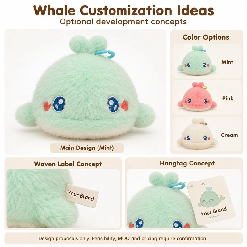 Customization concept for mint spouting whale plush keychain; feasibility and sample approval required.