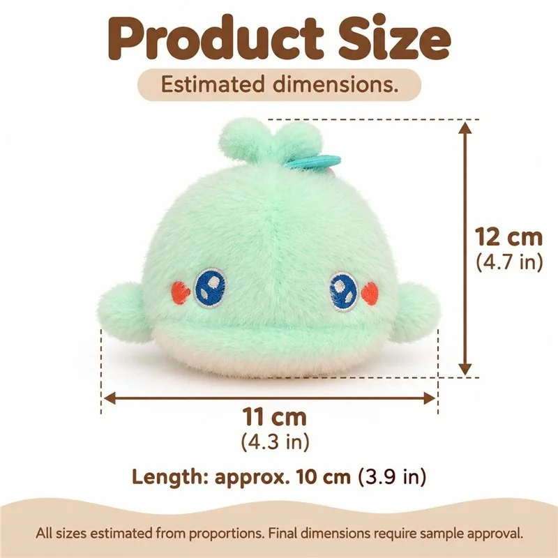 Mint Spouting Whale Plush Keychain — proposed size reference; dimensions require sample confirmation.