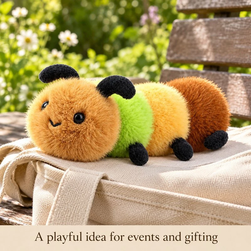 Illustrative application scene featuring multicolor caterpillar plush toy; setting is a concept.
