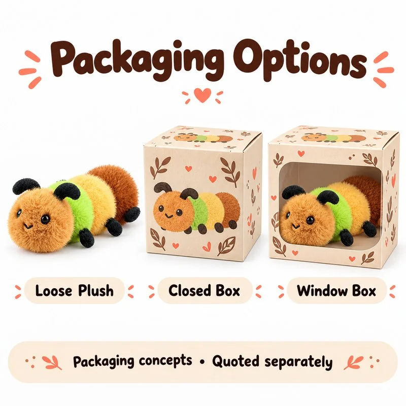 Multicolor Caterpillar Plush Toy — optional packaging concept; final artwork, fit and quotation require confirmation.