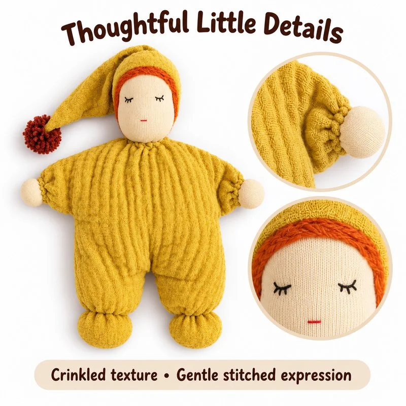 Mustard Sleeping Cloth Doll — construction and surface detail concept.