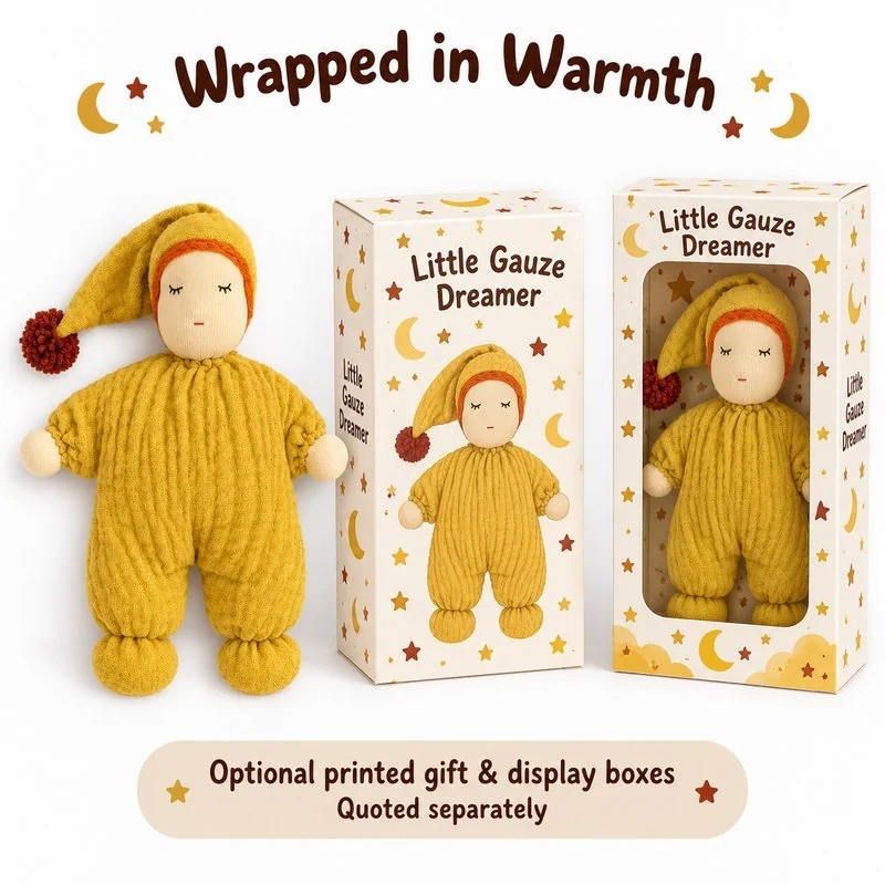 Mustard Sleeping Cloth Doll — optional packaging concept; final artwork, fit and quotation require confirmation.