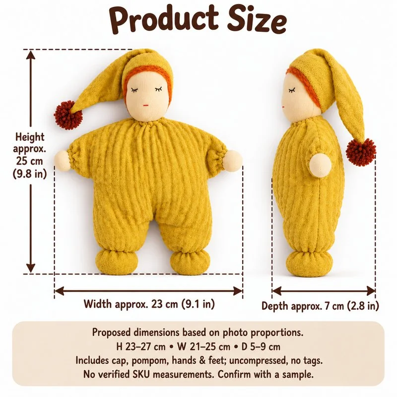 Mustard Sleeping Cloth Doll — proposed size reference; dimensions require sample confirmation.