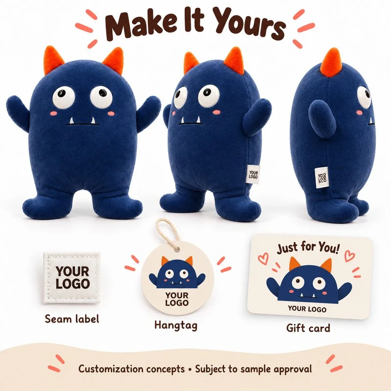 Customization concept for navy orange horn monster plush; feasibility and sample approval required.