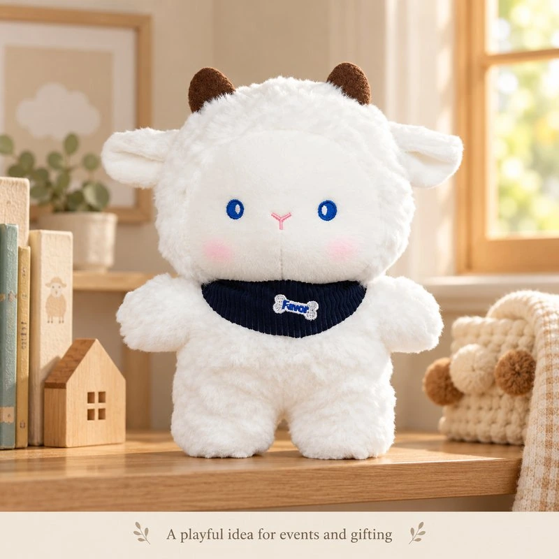 Illustrative application scene featuring navy scarf white lamb plush; setting is a concept.