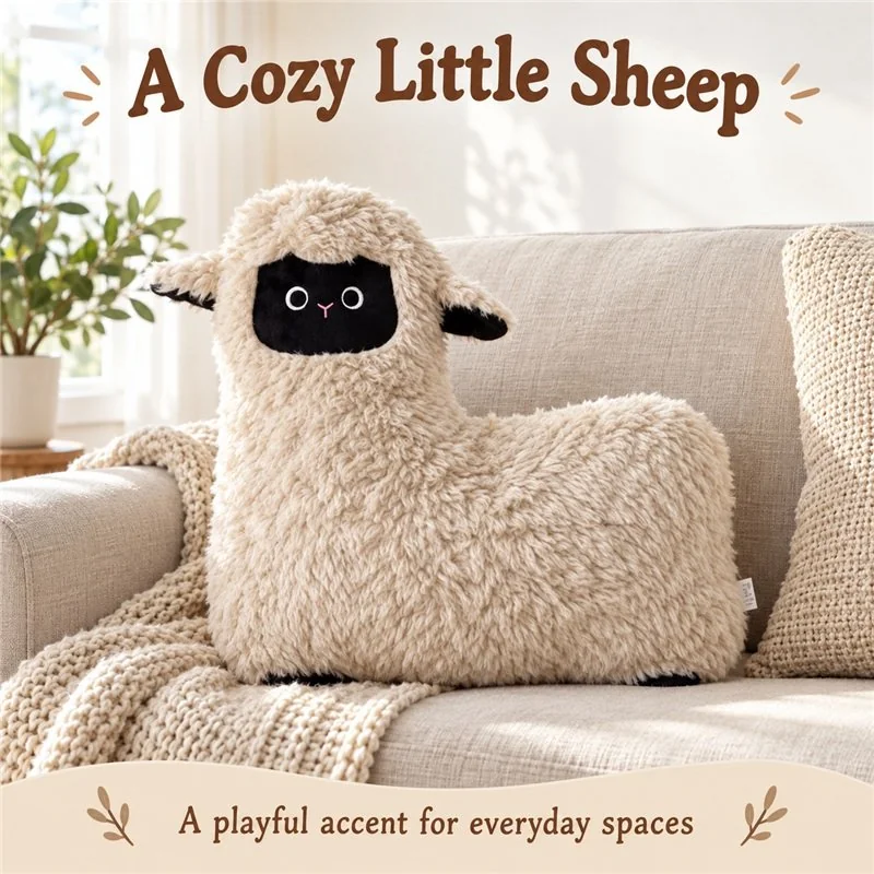 Illustrative application scene featuring oatmeal black face sheep plush pillow; setting is a concept.