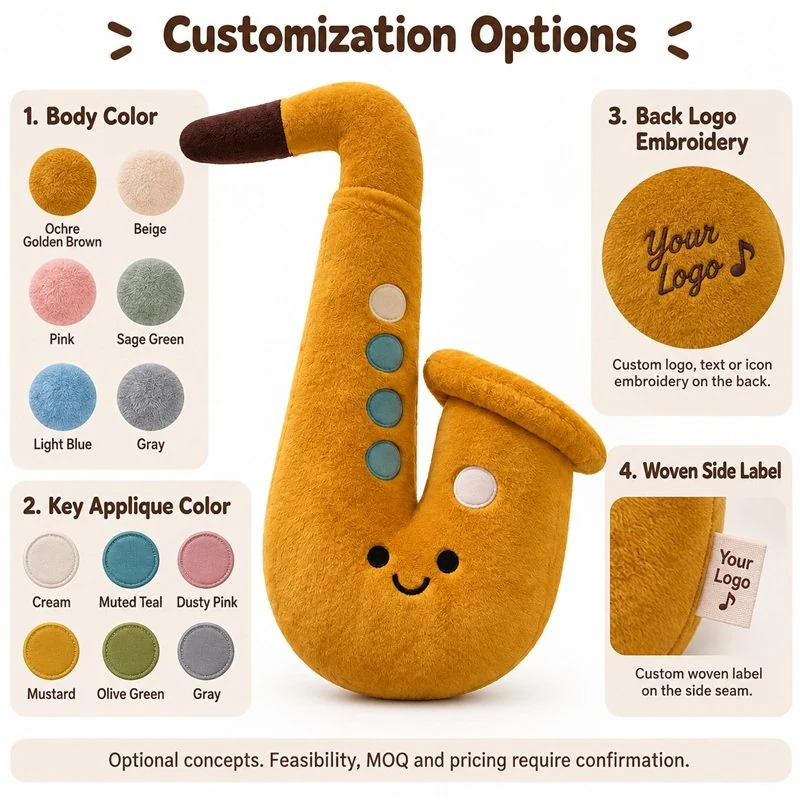 Customization concept for ochre saxophone plush; feasibility and sample approval required.